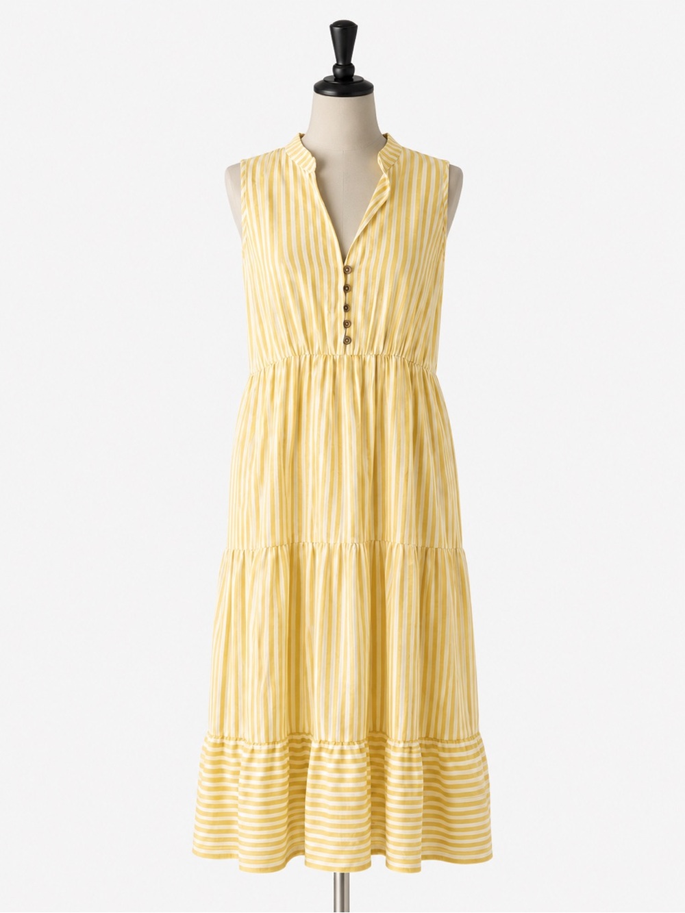 SHEIN Yellow Striped Sleeveless Tiered Midi Dress
